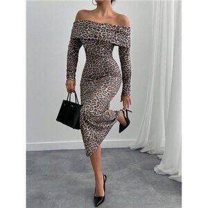 Printed Bardot Shoulder Soft Touch Long Dress